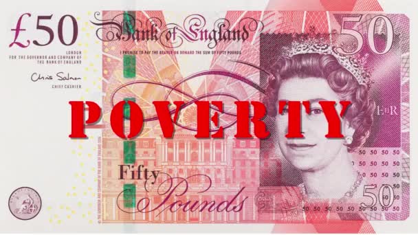 Porträt von Elizabeth II. auf einem 50-Pfund-Schein mit roter Signatur Armut. Weltweite Finanz- und Wirtschaftskrise. Effekt-Panne
