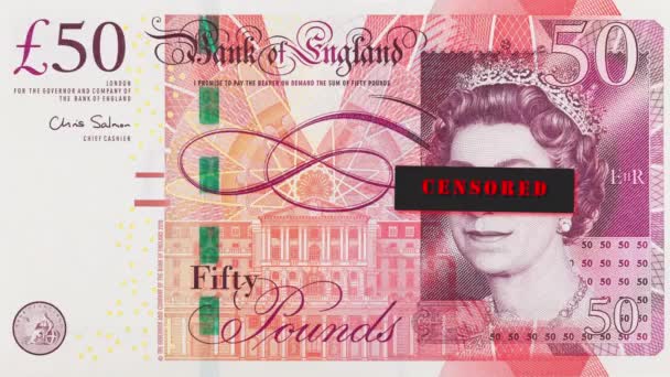 Портрет Єлизавети Бритських Фунтових Купюр Закритими Очима Заголовком Цензура Під — стокове відео