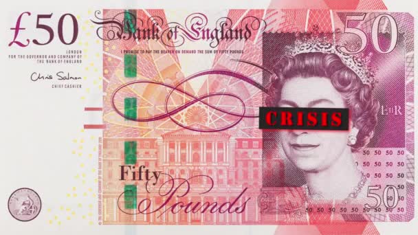 Portrét Alžběty Padesátikilové Britské Librové Bankovky Zavřenýma Očima Titulem Krize — Stock video
