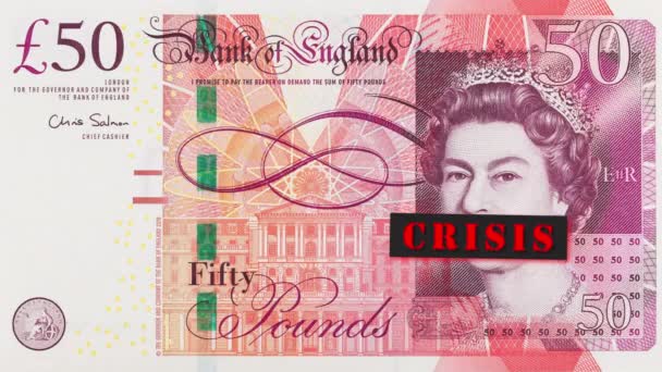 Porträt von Elizabeth II. auf einem 50-Pfund-Schein mit geschlossenem Mund und dem Titel Krise. Während der Panne runzelt das Gesicht des Porträts die Stirn. Finanz- und Wirtschaftskrise.