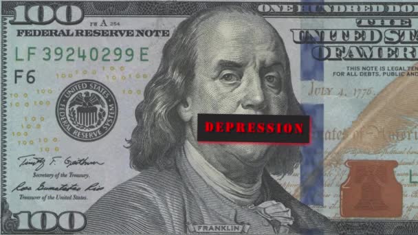 Benjamin Franklin Yüz Dolarlık Banknottaki Portresi Ağzı Kapalı Başlığı Depresyon — Stok video