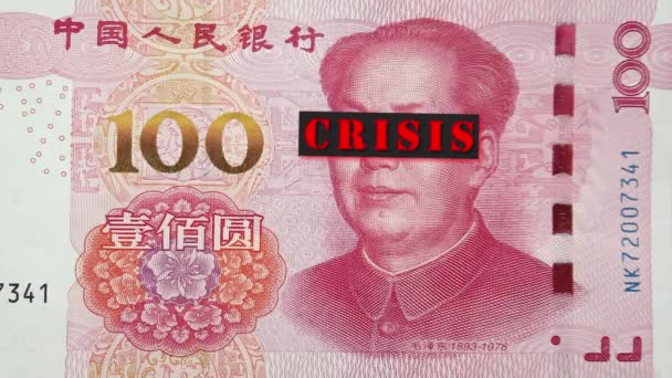 Портрет Мао Цзэдуна Купюры 100 Юаней Закрытыми Глазами Надписью Кризис — стоковое видео
