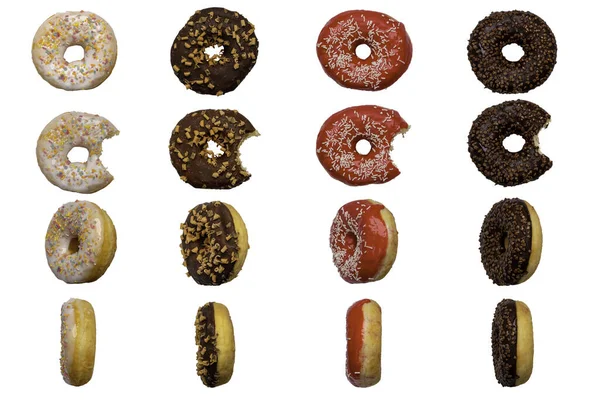 Изолированные Белом Фоне Различные Типы Стороны Пончиков Шоколадом Розовым Полосками — стоковое фото