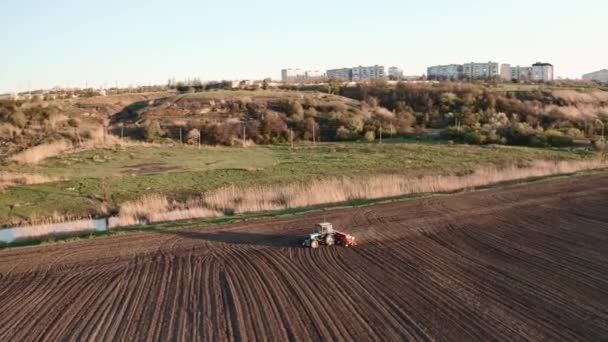 Aerial Top View Tractor Plowing Fields Preparing Land Sowing Agriculture — Stock Video