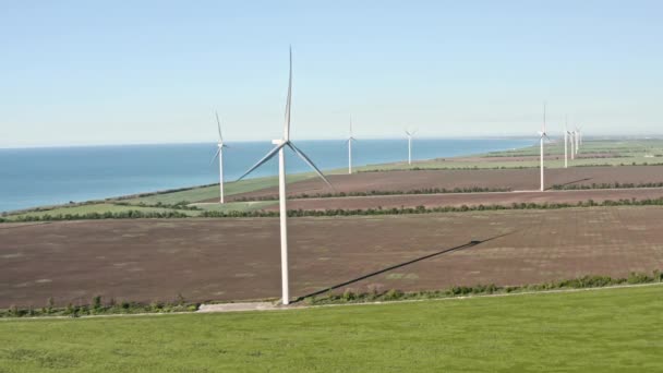 Mulino a vento Tecnologia eolica - Veduta aerea drone sulla produzione di energia. turbine eoliche in piedi su un campo fiorito di piante di colza e grano. Turbina eolica su campagna campo verde — Video Stock