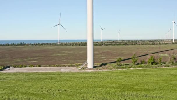 Väderkvarn Vindkraftteknik - Flygdrönare syn på energiproduktion. Vindkraftverk som står på ett blommande fält av rapsväxter och vete. Vindturbin på landsbygden grönt fält — Stockvideo