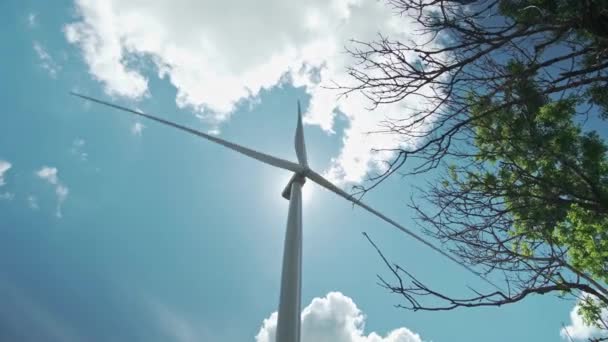 Bir rüzgar çiftliği ve elektrik üretimi için bir rüzgar türbini. Yavaşça dönen bıçaklı rüzgâr türbinleri. Yeşil güç — Stok video