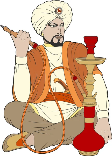 Vektorillustration. En man i antika asiatiska kläder är rökning en vattenpipa. Royaltyfria Stockvektorer