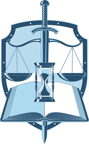 Wizerunek Wektorowy Emblemat Rocznika Podpis Temacie Orzecznictwa Atrybuty Sprawiedliwości Prawo — Wektor stockowy