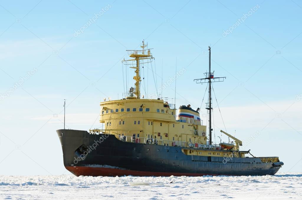 Nuclear-powered icebreaker in the sea.