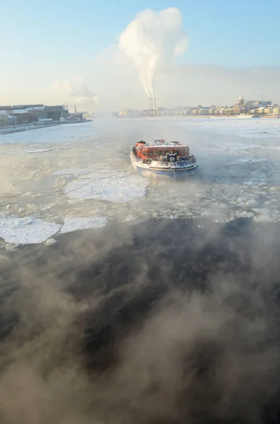 Icebreaker on the frozen river.