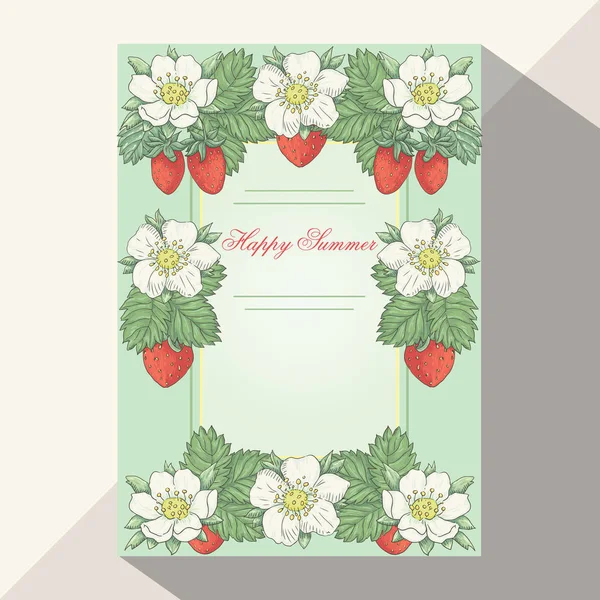 Plantilla de tarjeta con flores, bayas y hojas de fresa — Vector de stock