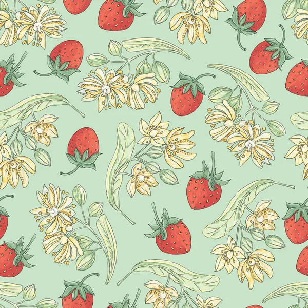 Motif vectoriel sans couture avec des fleurs de tilleul et des baies de fraise — Image vectorielle