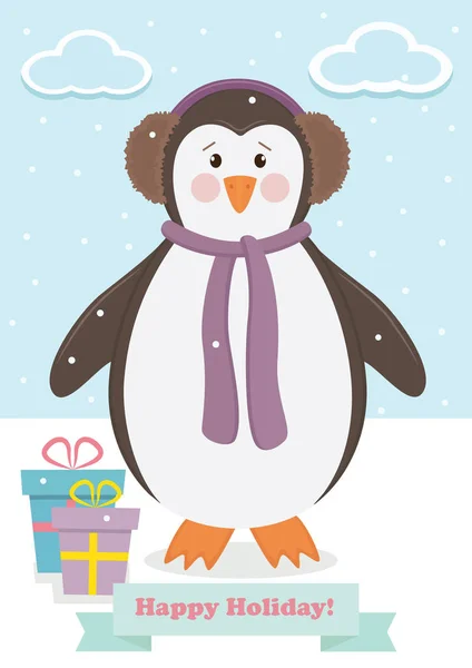 Illustrazione con un pinguino uccello in cuffia — Vettoriale Stock
