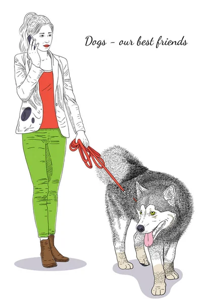 Mulher com um cão-01 — Vetor de Stock