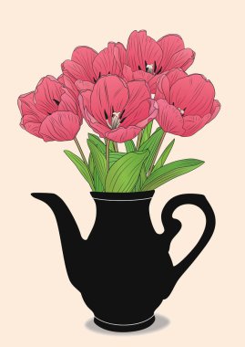 Siyah vazoda bahar çiçeği laleleri olan vektör çizimi. Tüm detaylar ayrı ayrı çizilir. Tasarımın için çok rahat.