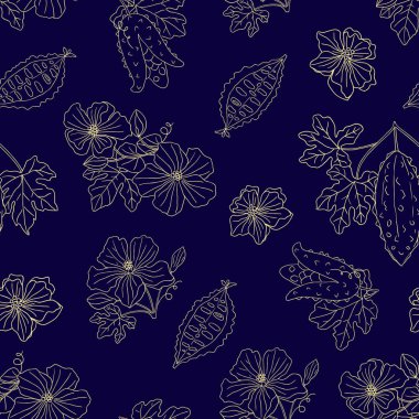 Vektör el, koyu mavi arka planda tıbbi bitki momordika charantia ile kusursuz desen çizdi