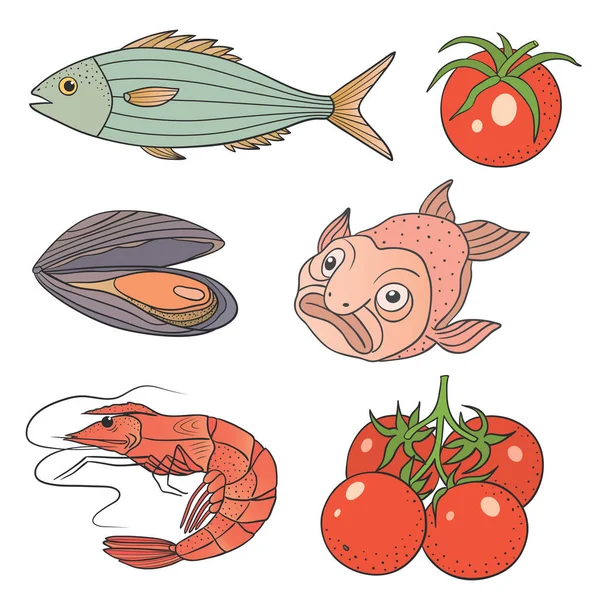 Vector Graphic Illustration Sea Food Tomatoes White Background — Stock Vector