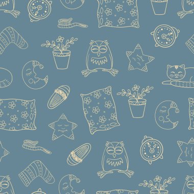 Uyuyan nesneler ve hayvanlarla sevimli, kusursuz bir şekil. Herkes tatlı rüyalar görür. Çocukça çizim