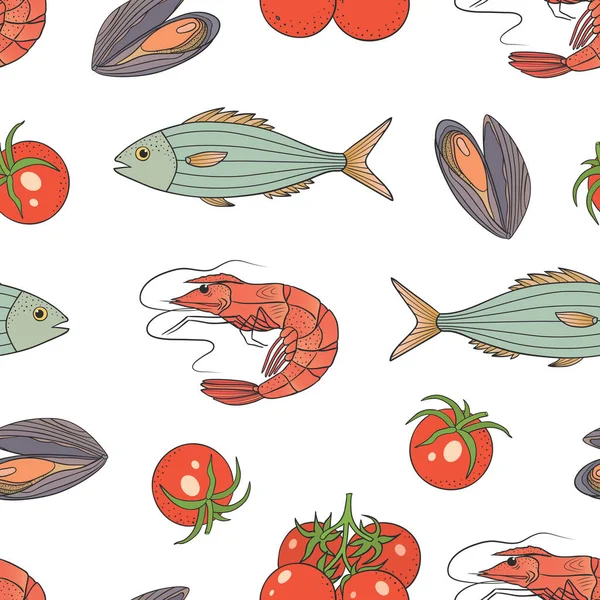 Patrón Gráfico Vectorial Sin Costura Con Comida Mar Tomates Sobre — Archivo Imágenes Vectoriales