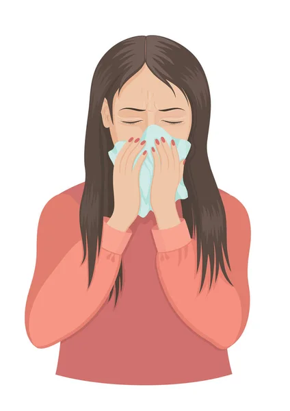 Vector Illustration Young Woman Who Cries Sneezes Coughs — Stock Vector