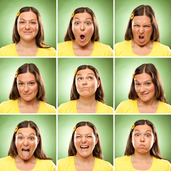 Brunette long hair adult caucasian woman square collection set of face expression like happy, sad, angry, surprise, yawn on green — Stock Photo, Image