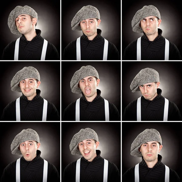flat cap caucasian paperboy man square collection set of face expression like happy, sad, angry, surprise, yawn on black
