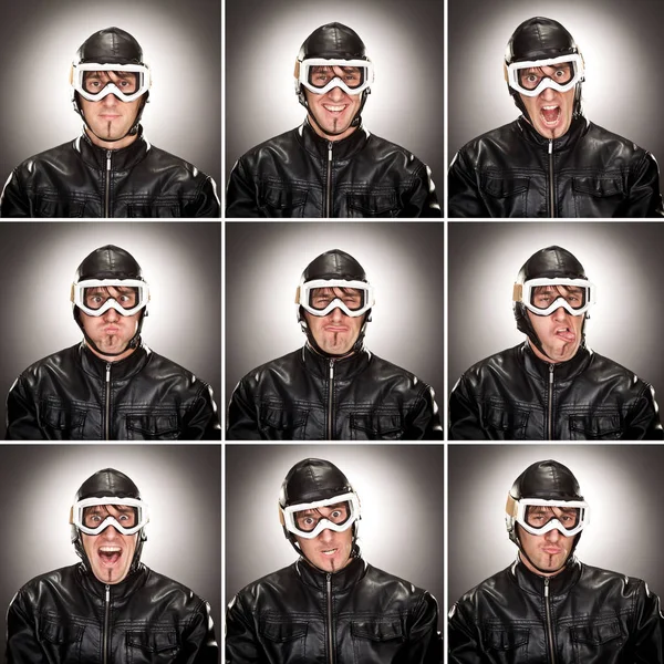 Pelle caucasica vintage pilota uomo quadrato collezione set di espressione del viso come felice, triste, arrabbiato, sorpresa, sbadigliare sul grigio — Foto Stock