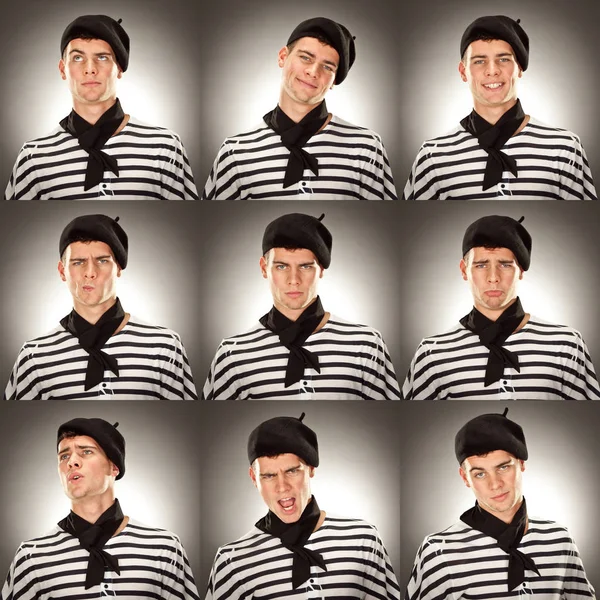 Caucásico artista francés hombre cuadrado colección conjunto de expresión de la cara como feliz, triste, enojado, sorpresa, bostezo en gris —  Fotos de Stock