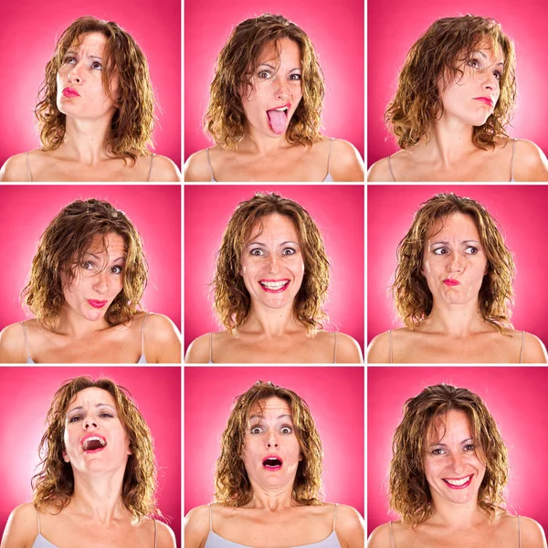 Rubio hermoso rizado caucásico colección de mujeres conjunto de expresión de la cara como feliz, triste, enojado, sorpresa, bostezo sobre fondo rosa —  Fotos de Stock