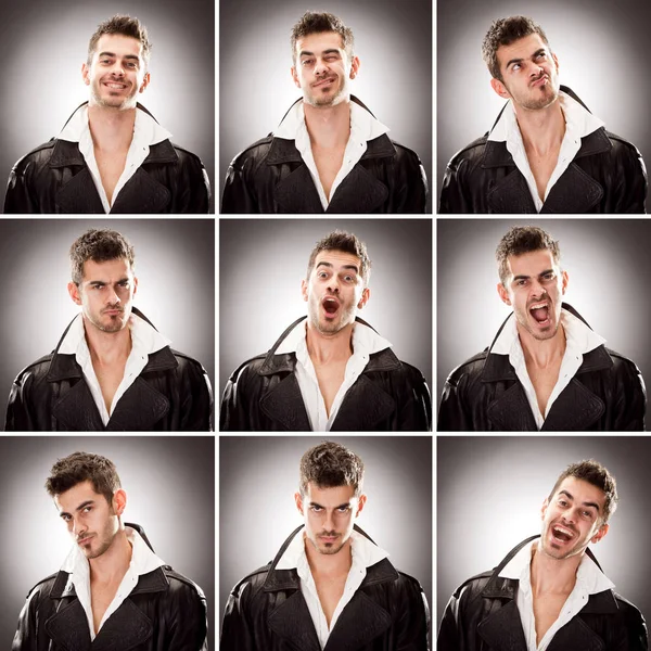 Couro caucasiano cabelo curto morena homem quadrado coleção conjunto de expressão facial como feliz, triste, com raiva, surpresa, bocejo em cinza — Fotografia de Stock