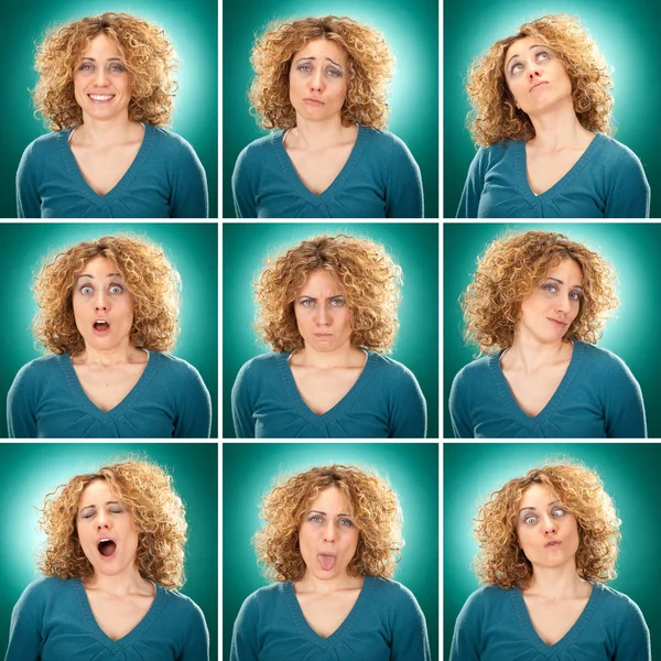 Pelo rubio rizado adulto mujer caucásica colección cuadrada conjunto de expresión de la cara como feliz, triste, enojado, sorpresa, bostezo en azul —  Fotos de Stock