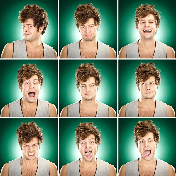 Caucasiano cabelo curto morena homem quadrado coleção conjunto de expressão facial como feliz, triste, irritado, surpresa, bocejo no verde — Fotografia de Stock