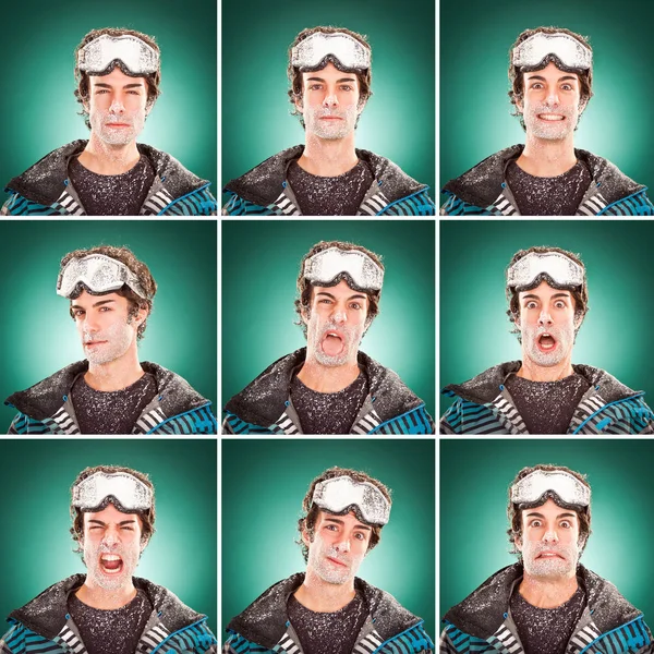 Caucasico capelli corti snowboarder uomo quadrato raccolta insieme di espressione del viso come felice, triste, arrabbiato, sorpresa, sbadigliare sul verde — Foto Stock