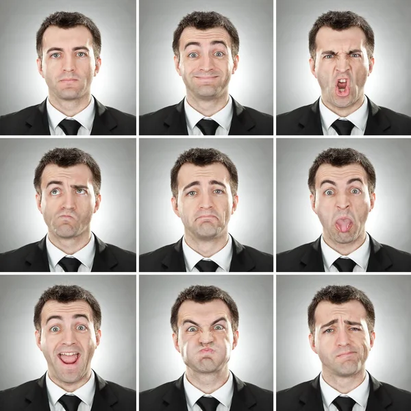 Kaukasiska kort hår brunett affärsman fyrkantig samling uppsättning ansikte uttryck som glad, ledsen, arg, överraskning, gäspa på grå — Stockfoto