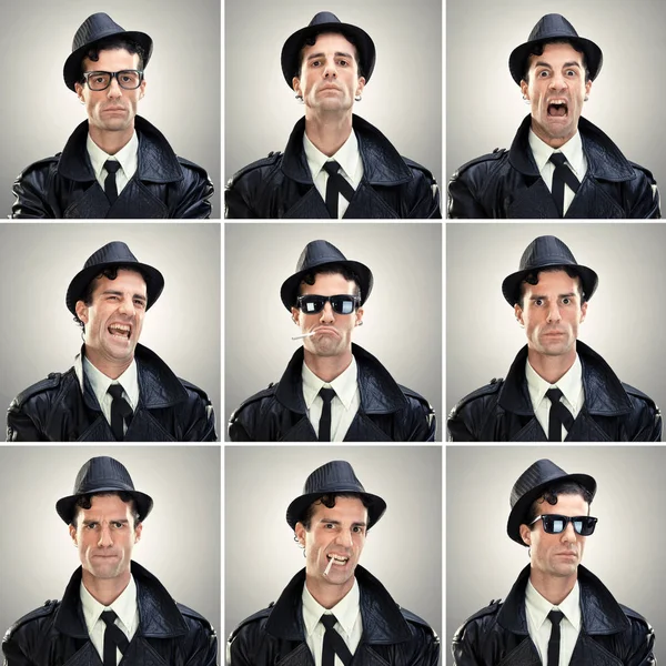 Σύνολο κομψό vintage Καυκάσιος άνθρωπος με συλλογή παλτό του προσώπου έκφραση όπως χαρούμενος, λυπημένος, θυμωμένος, έκπληξη, χασμουρητό σε γκρίζο φόντο — Φωτογραφία Αρχείου