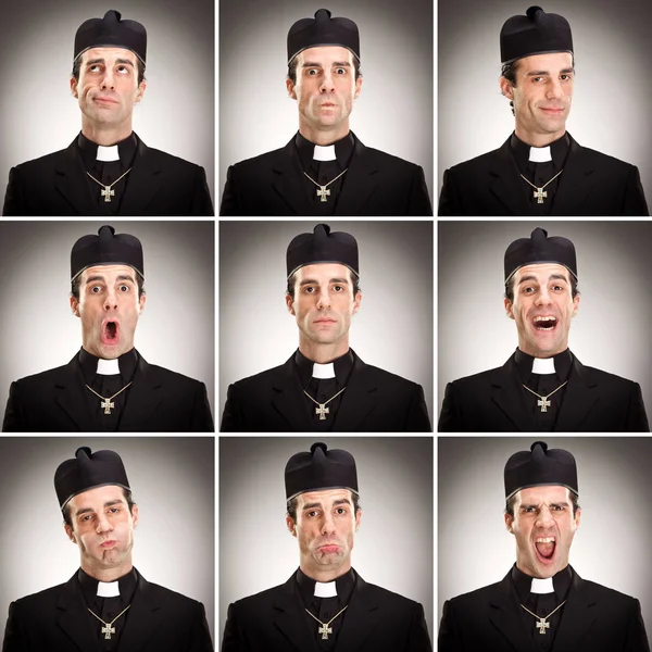 Caucásico cristiano religión sacerdote hombre cuadrado colección conjunto de expresión de la cara como feliz, triste, enojado, sorpresa, bostezo en gris — Foto de Stock
