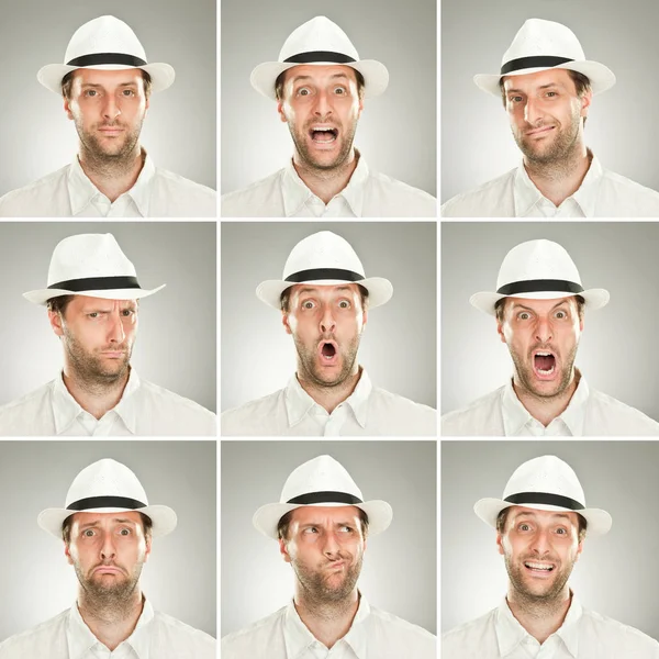 Barba joven elegante hombre caucásico con sombrero colección conjunto de expresión de la cara como feliz, triste, enojado, sorpresa, bostezo sobre fondo gris — Foto de Stock