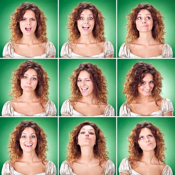Hermosa morena rizada mujer caucásica colección conjunto de expresión de la cara como feliz, triste, enojado, sorpresa, bostezo sobre fondo verde —  Fotos de Stock