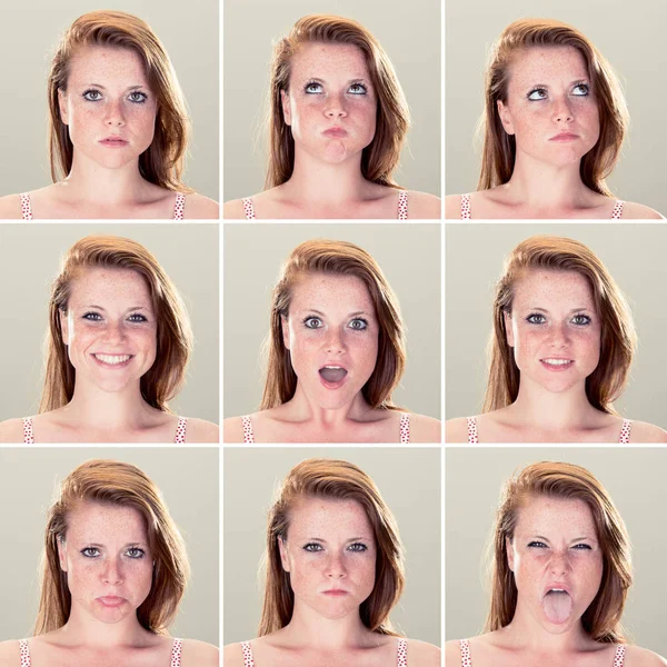 beautiful redhead caucasian young woman collection set of face expression like happy, sad, angry, surprise, yawn on beige background
