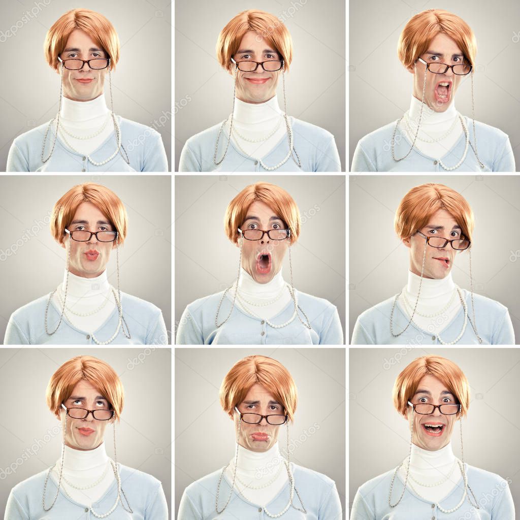 ugly orange hair old caucasian woman teacher collection set of face expression like happy, sad, angry, surprise, yawn on grey background