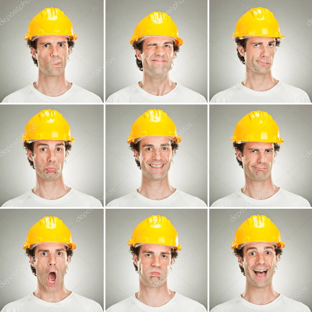 curly worker caucasian man with helmet collection set of face expression like happy, sad, angry, surprise, yawn on grey background