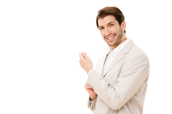 Branco morena feliz homem de negócios retrato isolado no branco — Fotografia de Stock