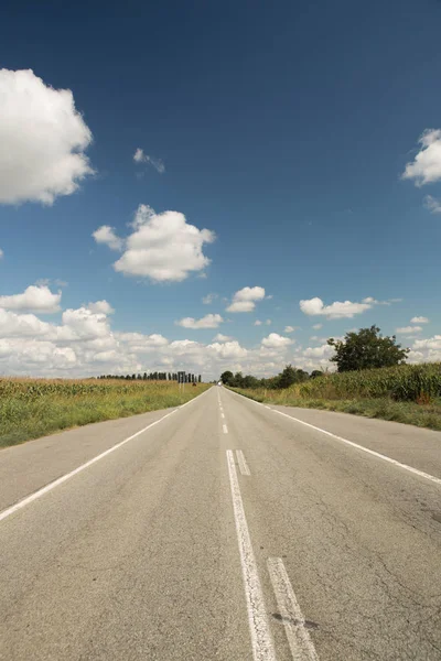 晴れた日、曇った青空、垂直のフィールドを介して直線道路 — ストック写真