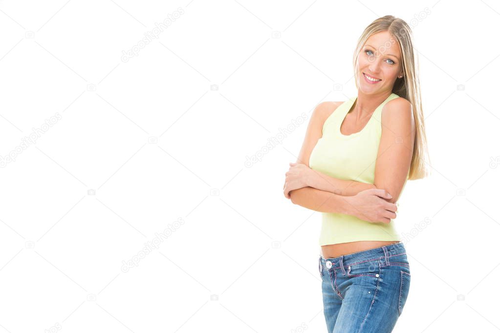 blonde smiling young woman with green dress isolated on white