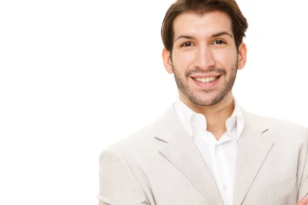 Caucasico bruna felice uomo d'affari ritratto isolato su bianco — Foto Stock