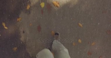 Ağaçların altında geçit ve çim üzerinde yürüyen adam Kentsel şehir parkında yaz güneşli bir günde yapraklar. 4 k Pov ek yükü üzerinde ayak vurdu