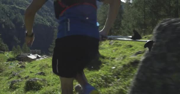 Kaukasischer Trailrunner, der im Gebirge durch Wälder, Dörfer läuft. 4k Gimbal breit zurück Videoaufnahme — Stockvideo