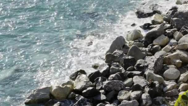 Overhead Flygfoto över ocean Medelhavet vågor att nå och kraschar på rocky shore beach kusten, nära nationalparken Cinque terre, Ligurien, Italien. Soligt väder. 4 k ovanifrån drone sida video skott — Stockvideo