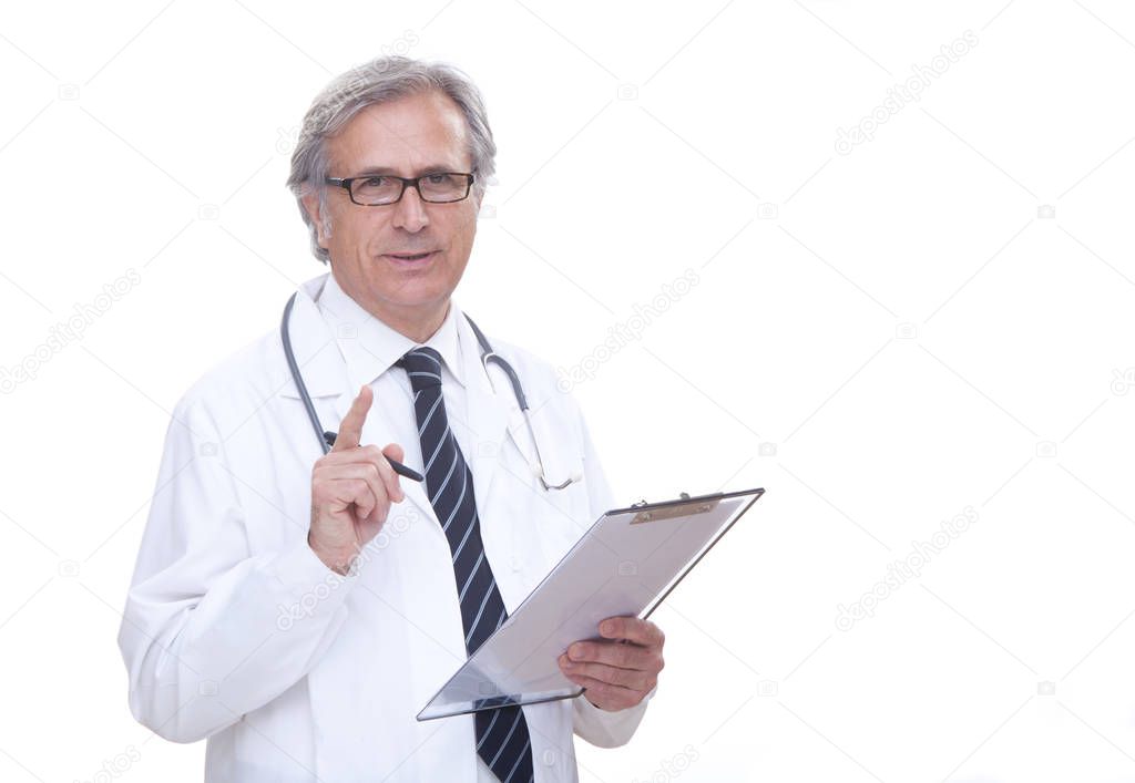 happy senior doctor with stethoscope isolated on white